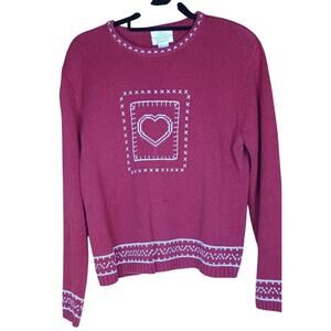 VTG Christopher & Banks Large Red Knit Embroidered Heart Sweater Cottagecore